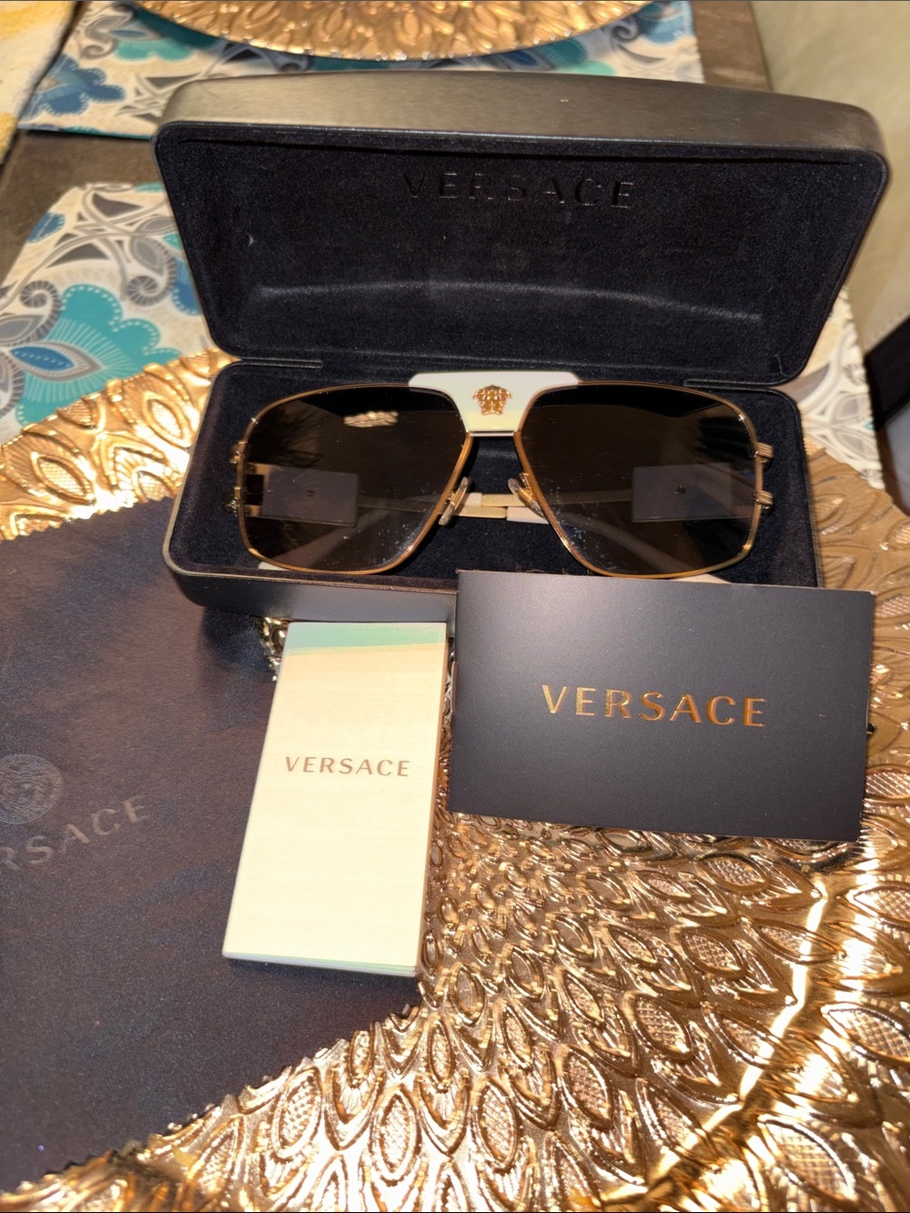 Versace Gold Aviator Sunglasses with Dark Lenses